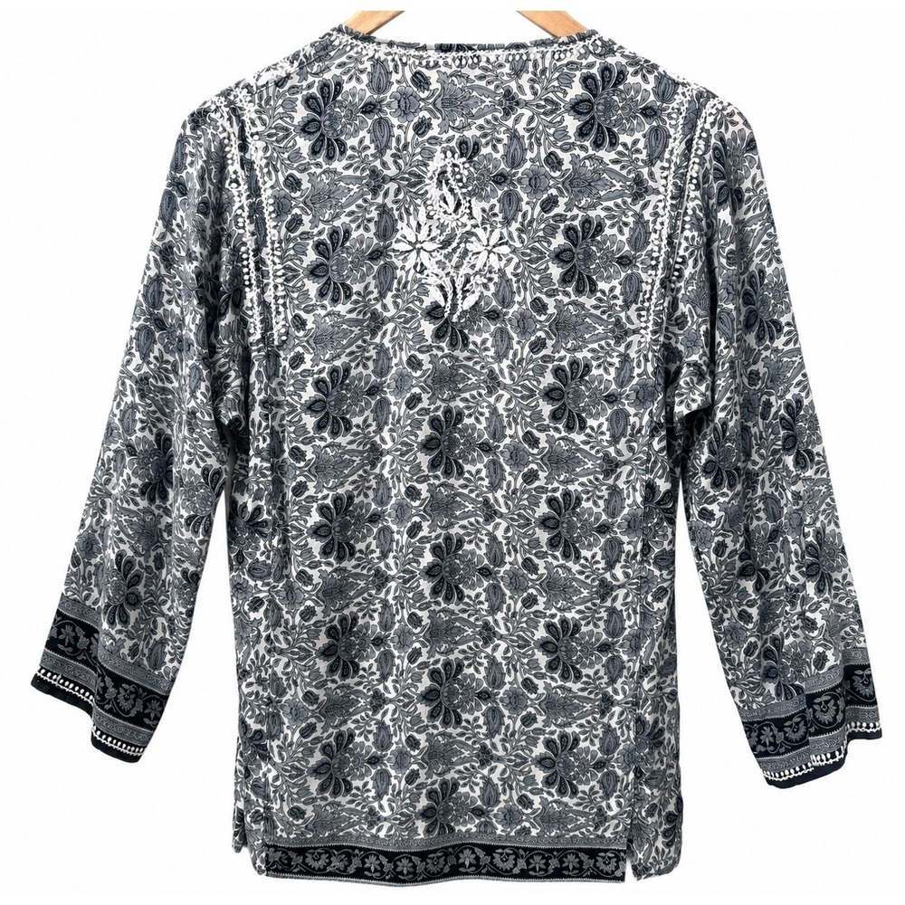 Boho Luxe Floral ‎ Silk Tunic Embroidered Artisan Top S Relaxed Fit Art to Wear - Picture 3 of 14